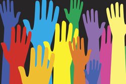 Graphical image of hands raised to volunteer