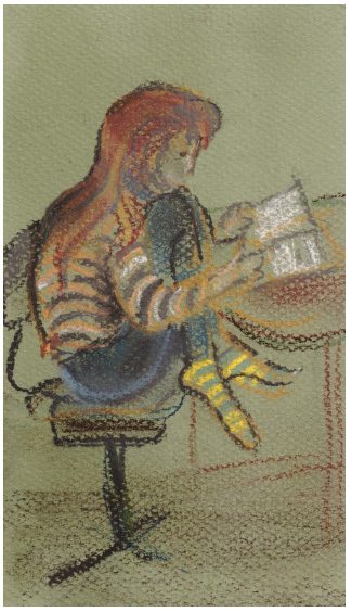 Pastel image of young girl reading a book.